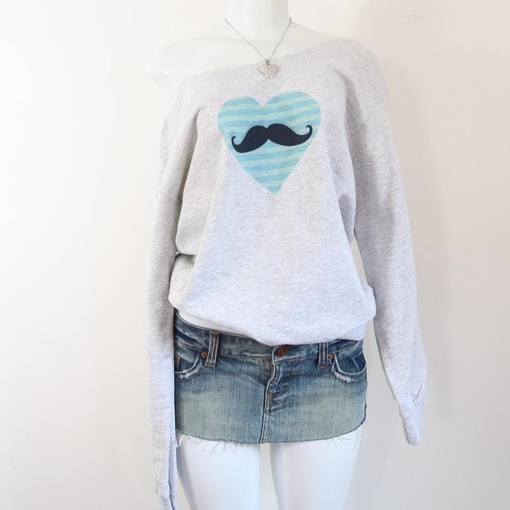 striped heart mustache off shoulder sweatshirt tumblr y2k